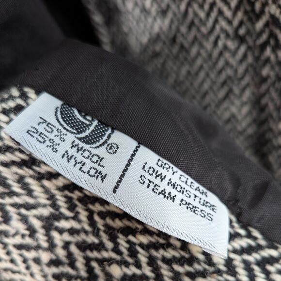 Vintage Wool Blend Coat L Black Cream 80s 90s Overcoat Trench Herringbon Classic - Picture 15 of 16